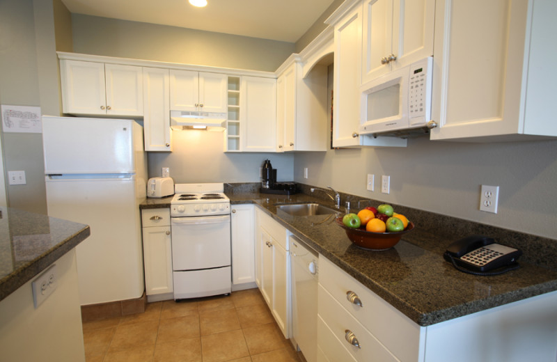 Kitchen area at Rivertide Suites Hotel.