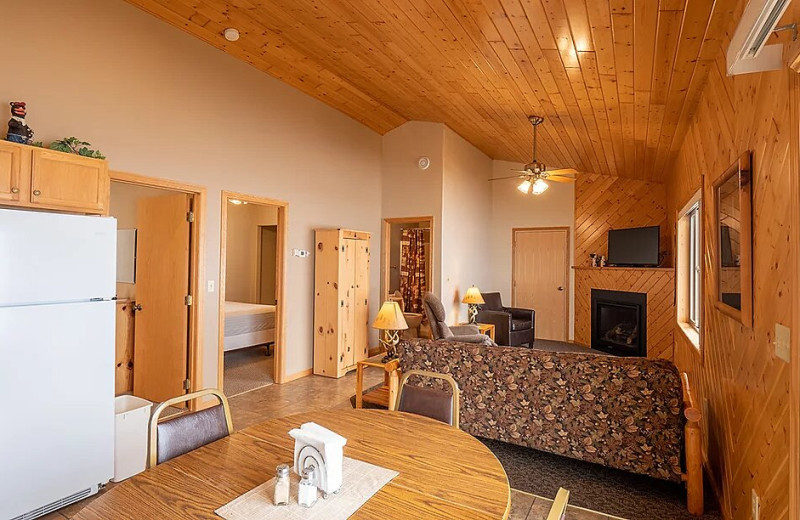 Cabin kitchen and living room at Barky's Resort.