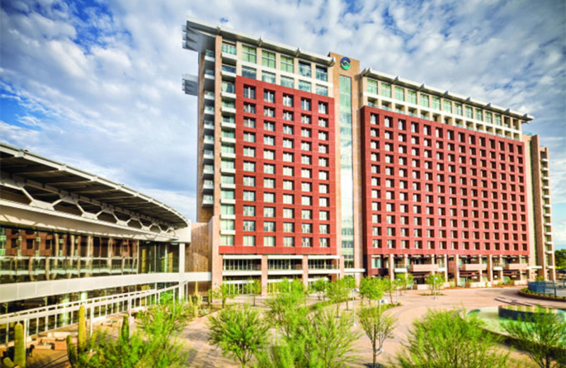 Talking Stick Resort behind the blue sky of Scottsdale, AZ