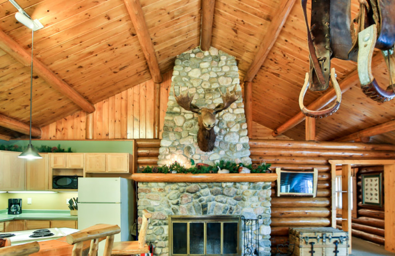 Cabin fireplace at Northern Lights Resort & Outfitting.