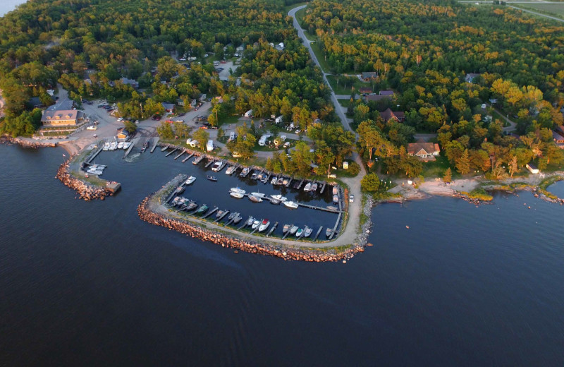 Aerial view of Arnesen's Rocky Point Resort.