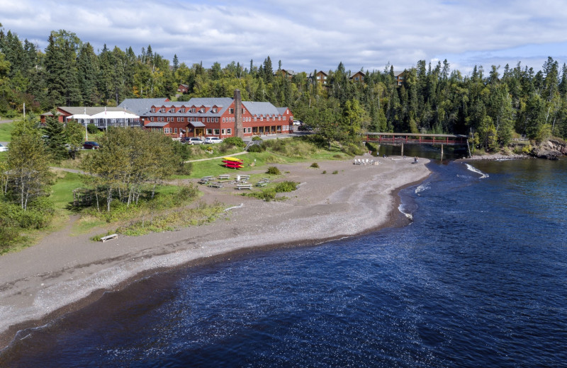 Aerial view of Lutsen Resort on Lake Superior.