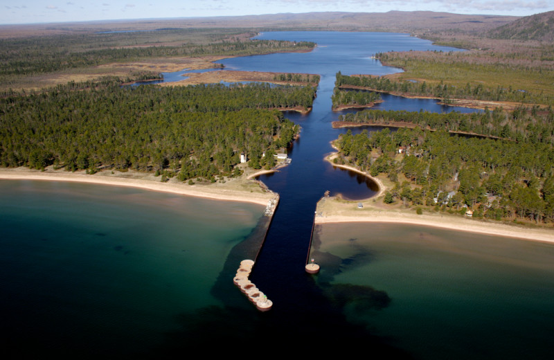 Aerial view of lakes at Aqua Log Cabin Resort.