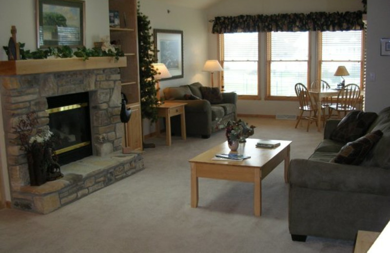 Living room fireplace at Birchwood Lodge.