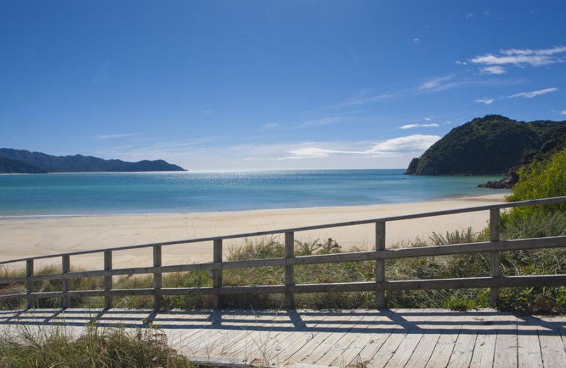 The beach at Awaroa Lodge and Café.