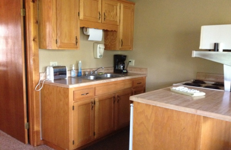 Cabin kitchen at Pine Lodge Cabins & Suites.