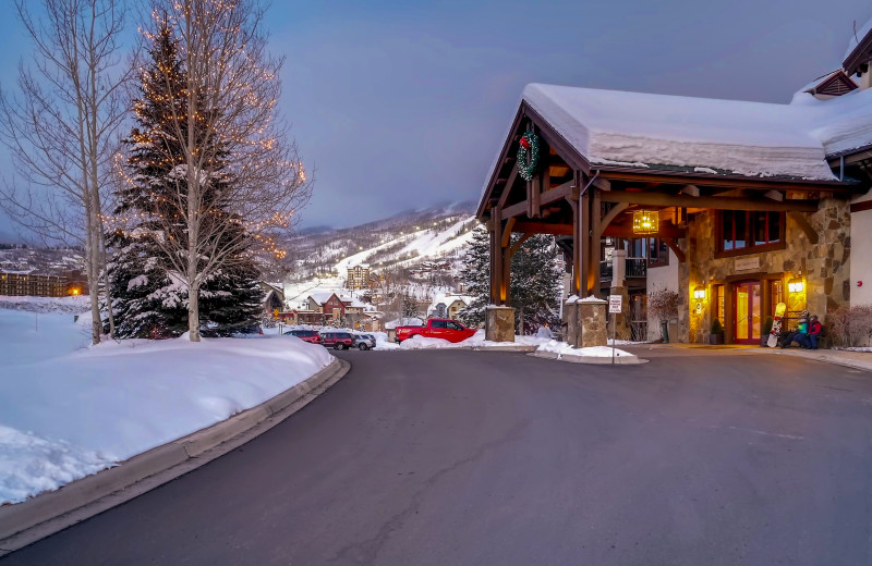 Winter exterior at EagleRidge Lodge.