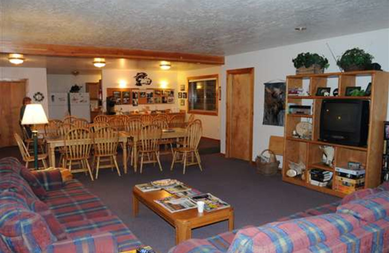 Dining room and lobby at Gone Fishin' Lodge.