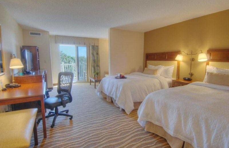 Guest bedroom at Hampton Inn & Suites Jekyll Island.