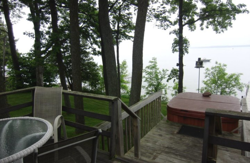 Porch overlooking lake at Acorn Hill Resort.