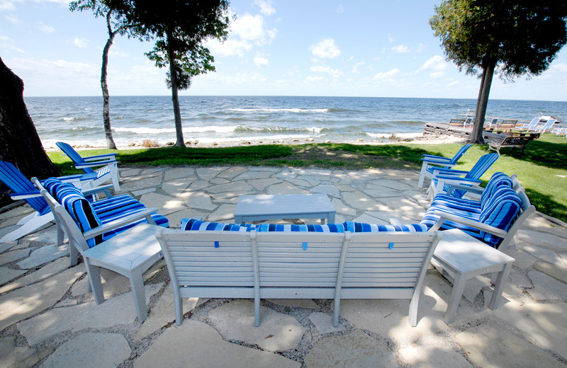 Patio lake view at The Shallows Resort.