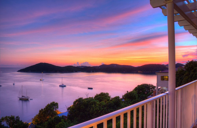 Balcony sunset at Bluebeard's Castle Resort.