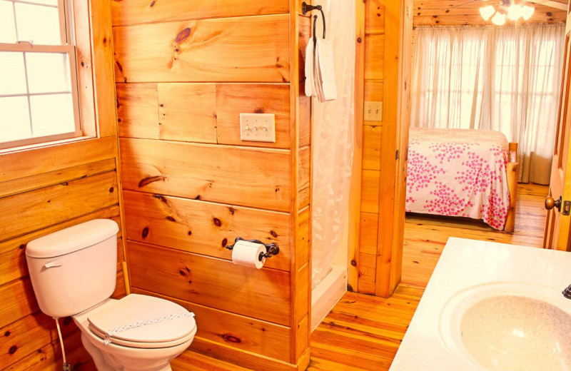 Cabin bedroom and bath at ACE Adventure Resort.