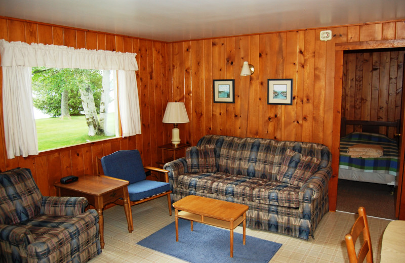 Cottage living room at Fisher's Lakeside Cottages.