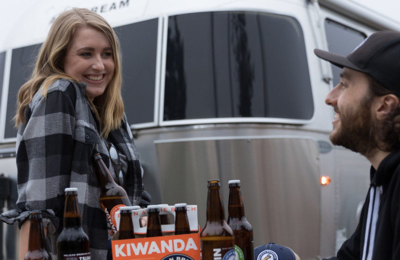 Couple at Airstreams at Haystack Village.