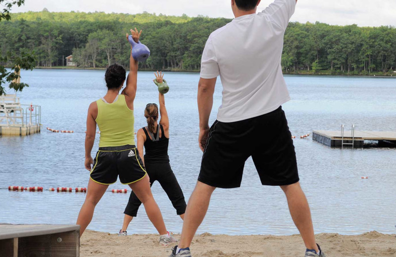 Beach fitness classes at Woodloch Resort.