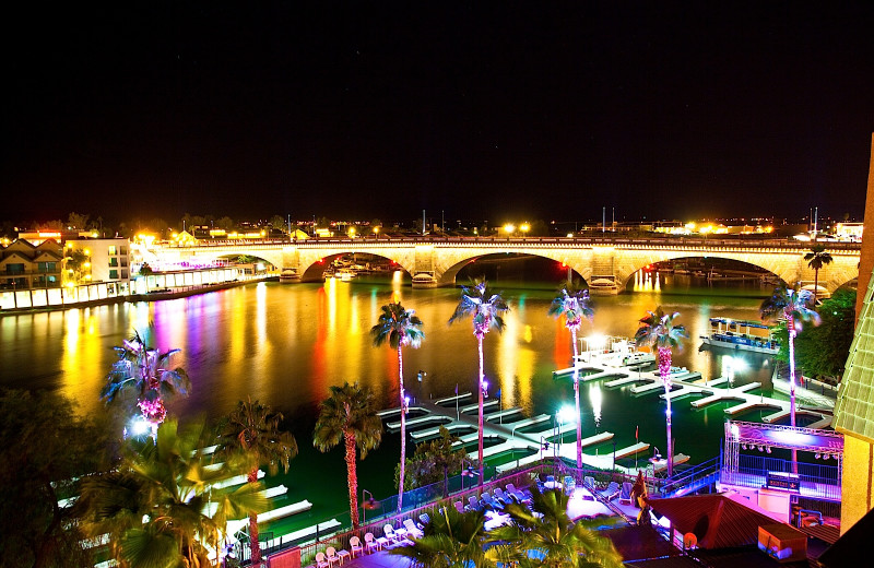 Night time view of marina at London Bridge Resort.