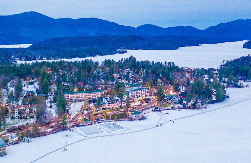 Winter aerial view at Mirror Lake Inn Resort & Spa.