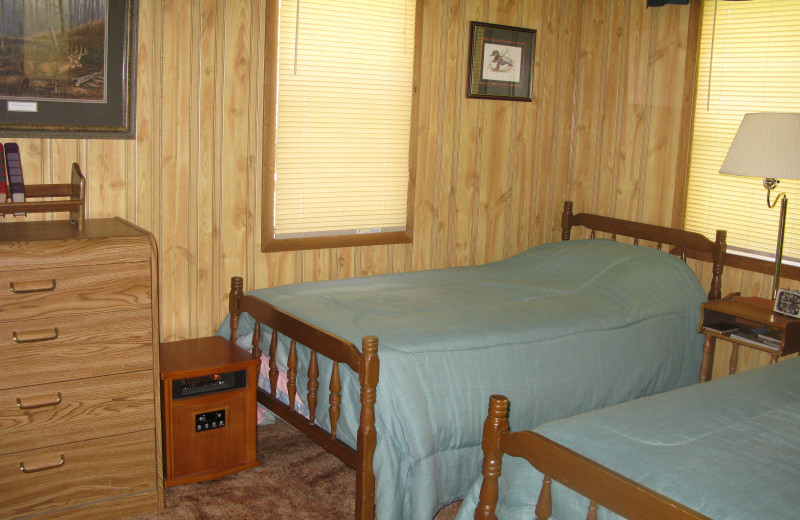 Cabin bedroom at Harris Hill Resort.