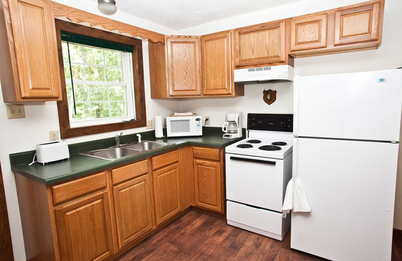 Cabin kitchen at Willowbrook Cabins.