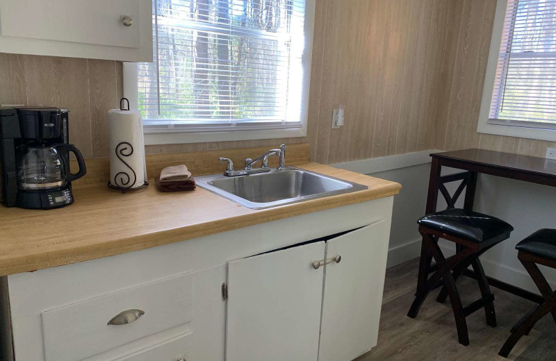 Cabin kitchen at Old Saltworks Cabins.