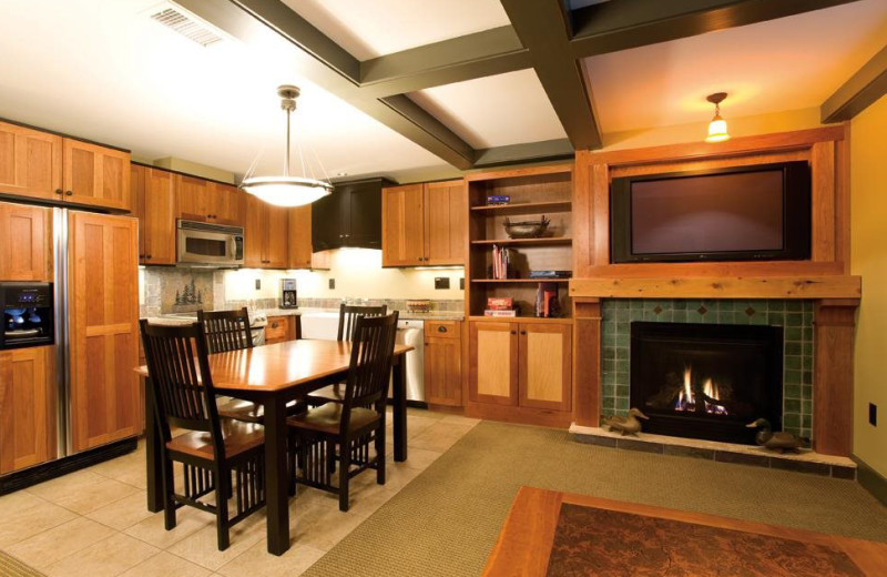 Guest dining room and kitchen at Tamarack Lodge.