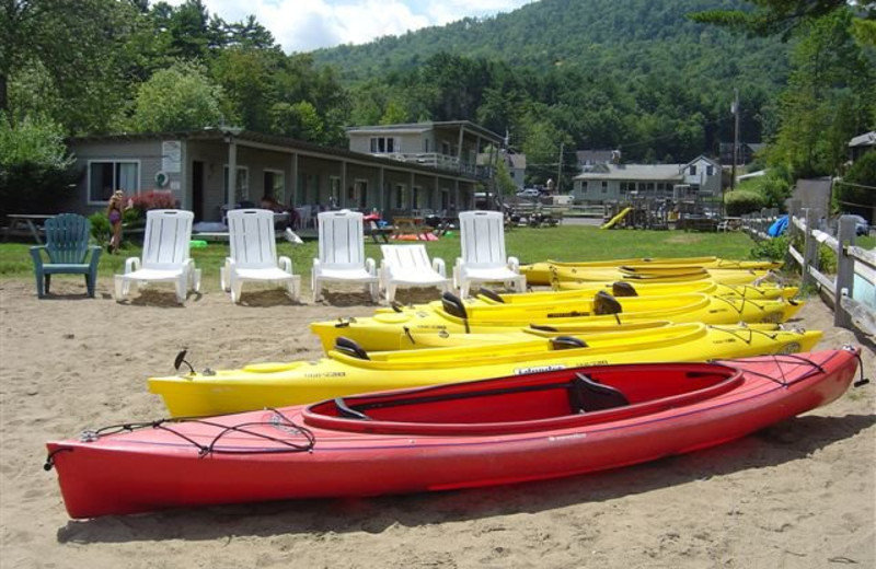 Canoes on the beach at Golden Sands Resort.