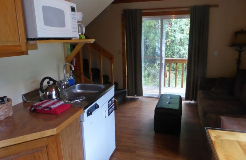 Cabin living room kitchen at Kenai River Drifter's Lodge.