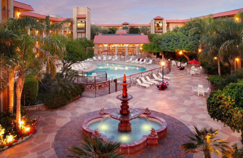 View of outdoor fountain and pool at Chaparral Suites Scottsdale.