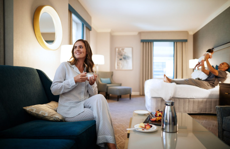 Guest room at The Fairmont Olympic Hotel Seattle.