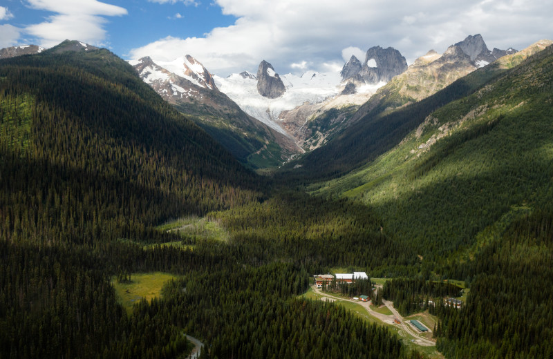 Aerial view of CMH Bugaboos Lodge.