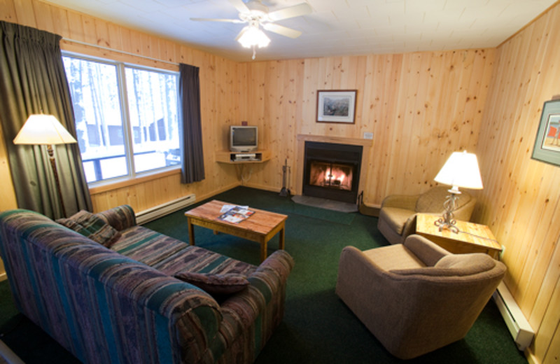 Cabin living room at Blue Spruce Resort.