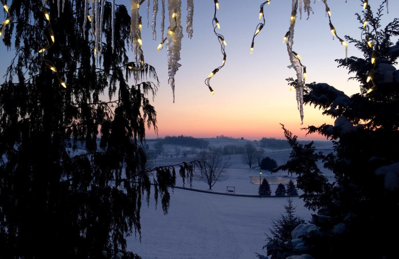 Winter view at Sojourner's Lodge & Log Cabin Suites.