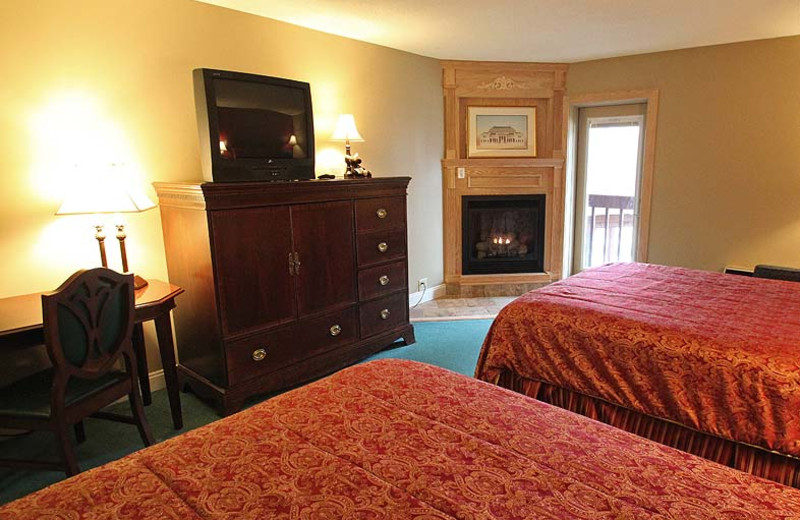 Fireplace balcony room at Fireside Inn & Suites at Lake Winnipesaukee.