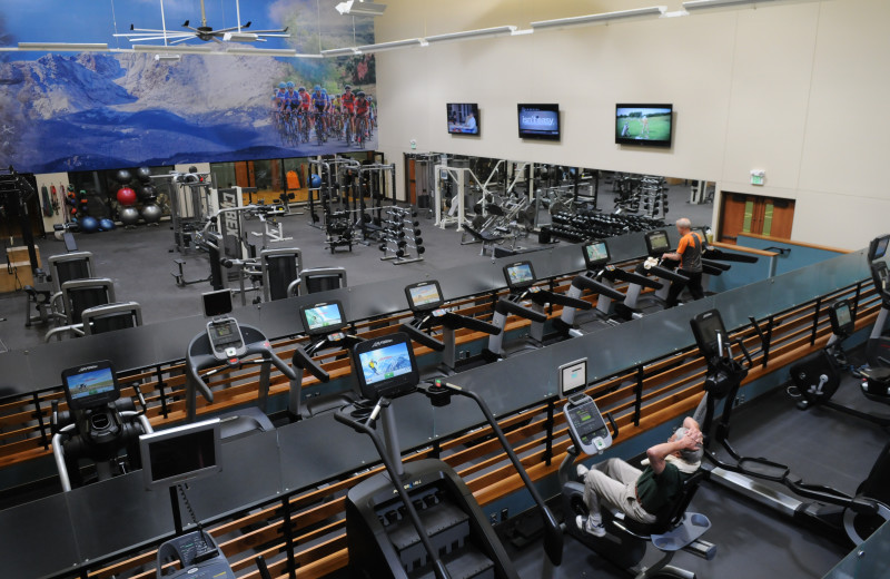 Multi-tier fitness facility with cardio equipment and free weights.