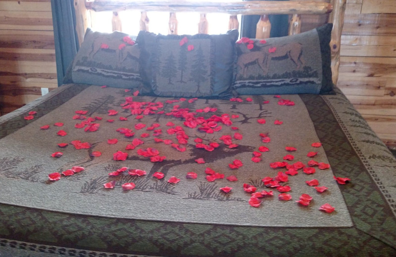 Bed with rose peddles at Lake Forest Luxury Log Cabins.