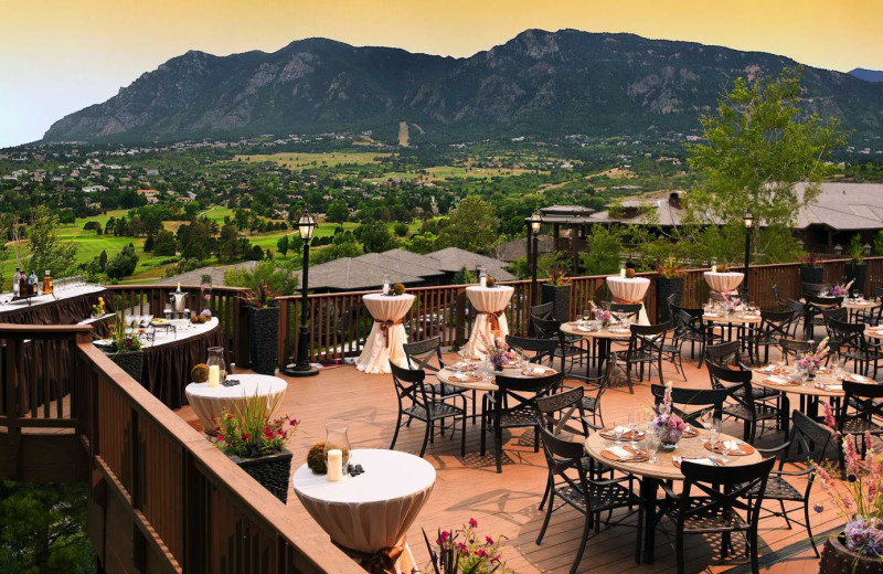 Outdoor dining on the Grand Rivers Terrace at Cheyenne Mountain Resort.