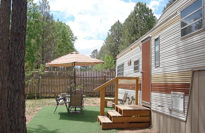 Mobile home exterior at Bristlecone Lodge.