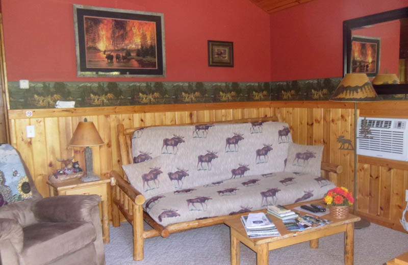 Cabin living room at Glaciers' Mountain Resort.