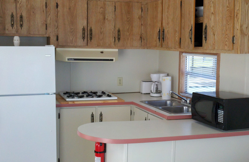 Cabin kitchen at Mill Dam Lake Resort.
