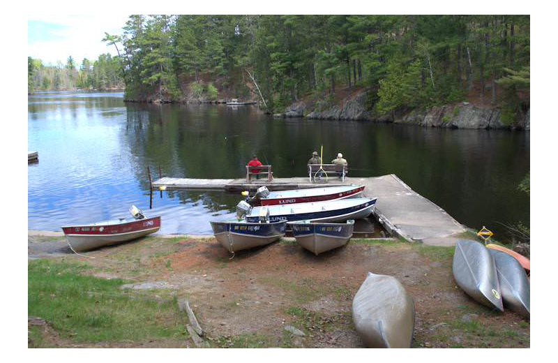 Cabin dock view at Silver Rapids Lodge.