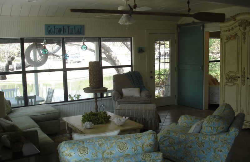 Living room at Turtle Rock Cottage on Lake LBJ.