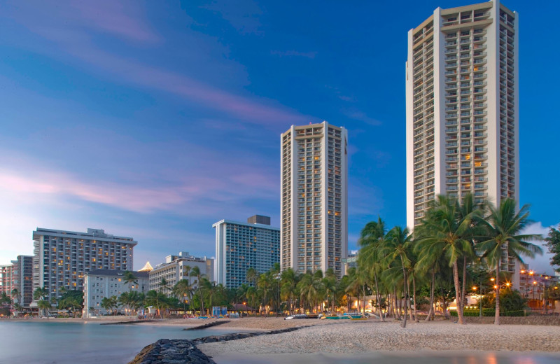 View from beach of property at Hyatt Regency Waikiki Resort & Spa.