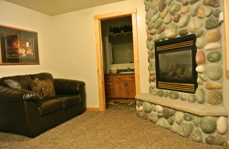 Cabin fireplace at Sawtelle Mountain Resort.