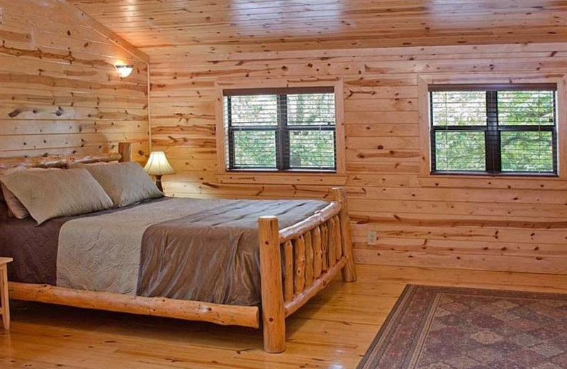 Cabin bedroom at Lake Mountain Cabins.