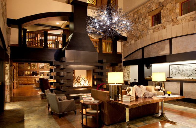 The lobby and fireplace in the entry area of The Sebastian Vail.
