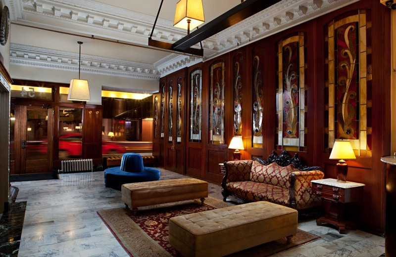 Hotel lobby at The Mosser Hotel.