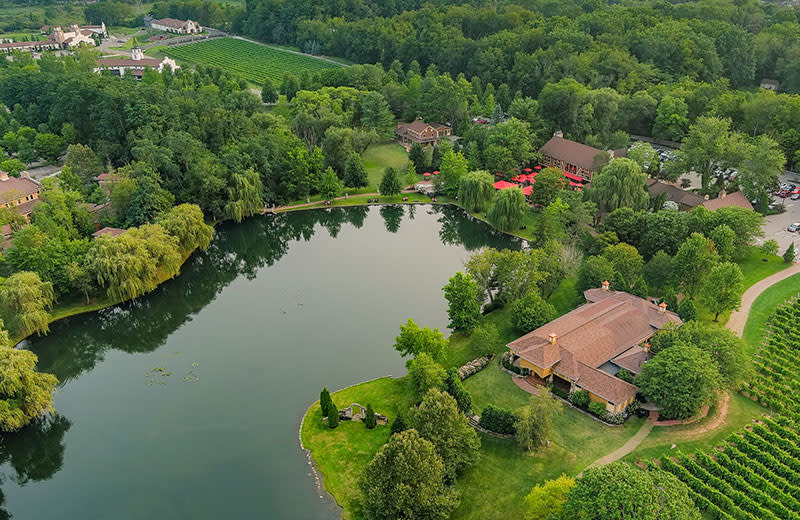 An aerial view of Gervasi Vineyard and its spring-fed lake.
