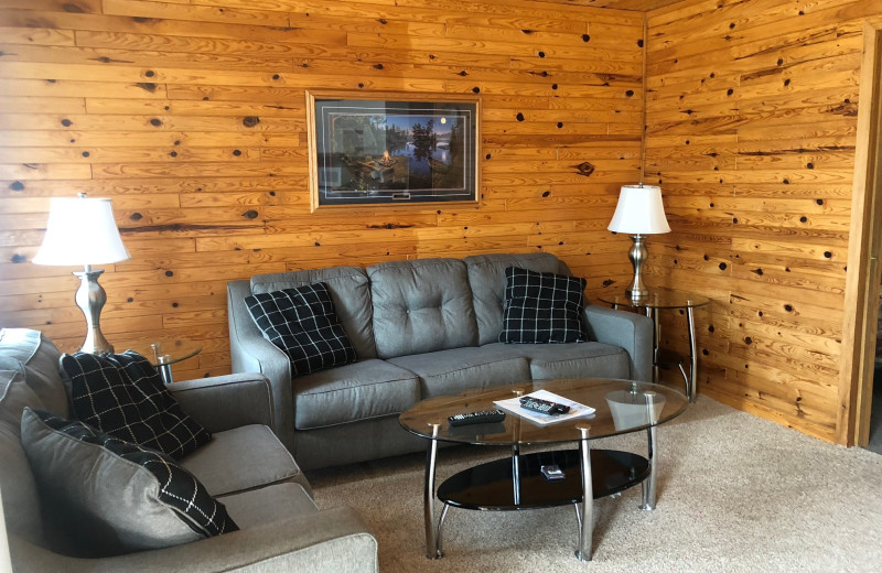 Cabin living room at Dogtooth Lake Resort.