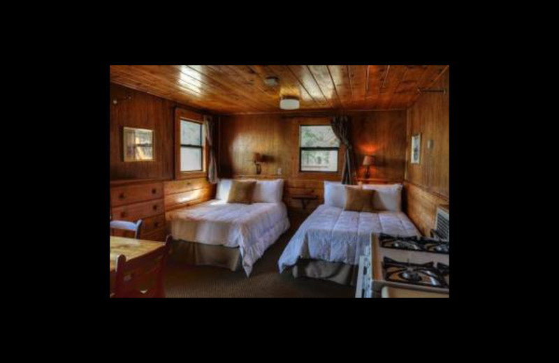 Cabin bedroom at Elk Point Lodge.